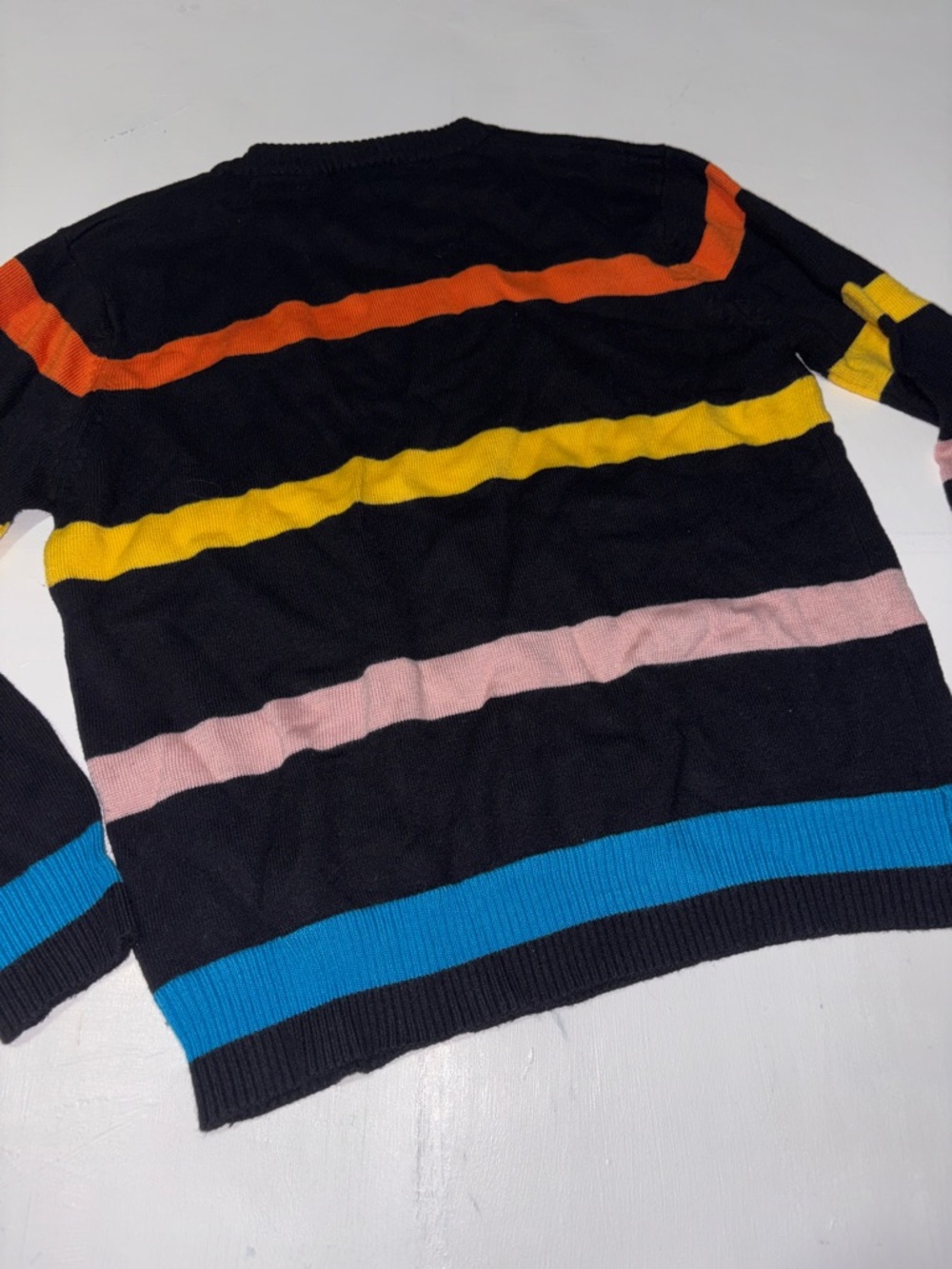 Lacoste Men's Black Crewneck Sweater with Blue, Pink, Yellow and Orange Stripes - Picture 4 of 4